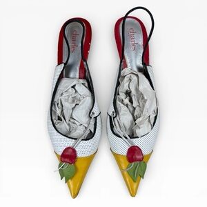 Y2K Pointed Toe Kitten Heels Slingback Leather Cherries Sz 9.5